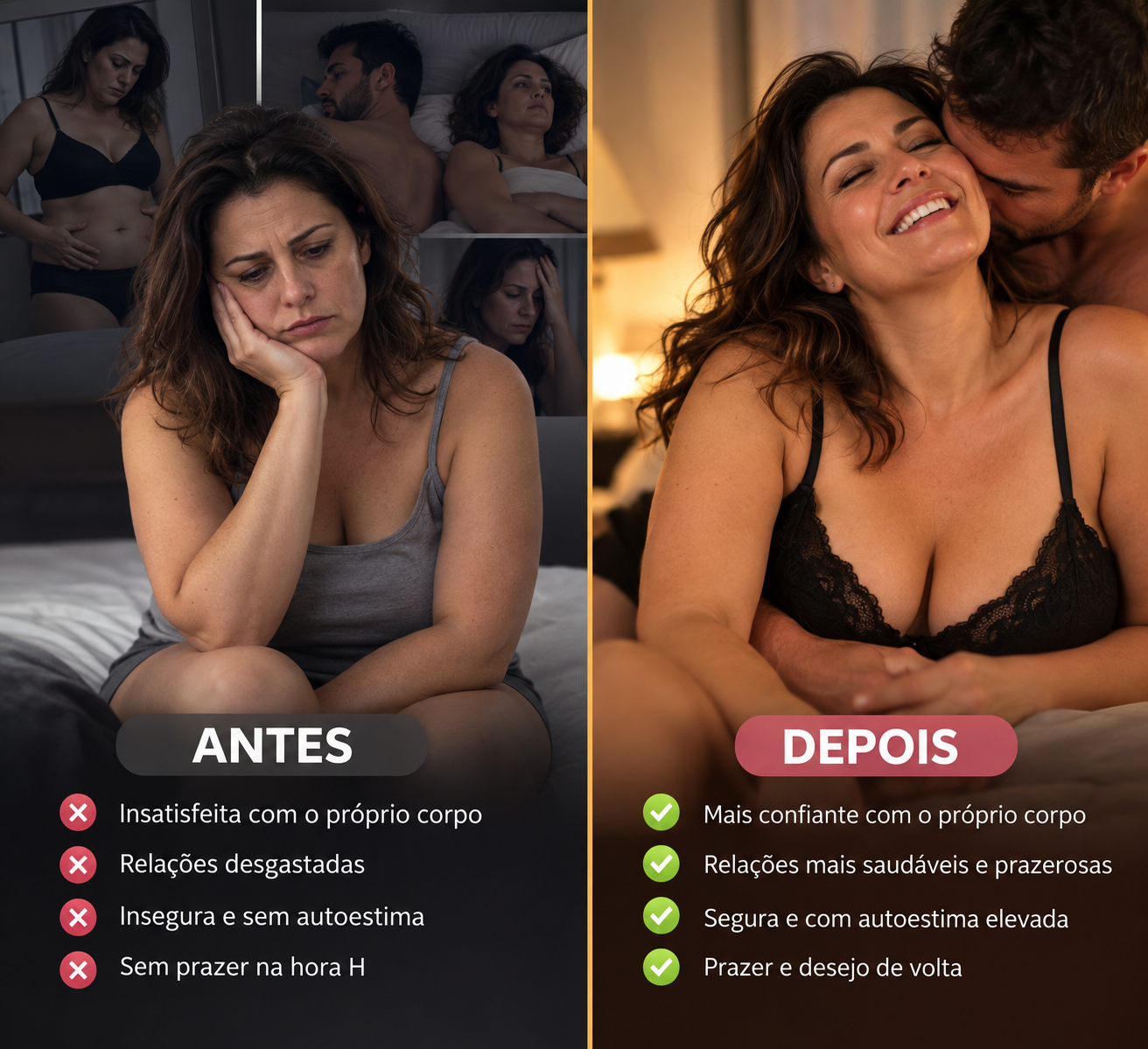 Antes e depois: de insatisfeita e sem desejo para confiante e com o prazer de volta